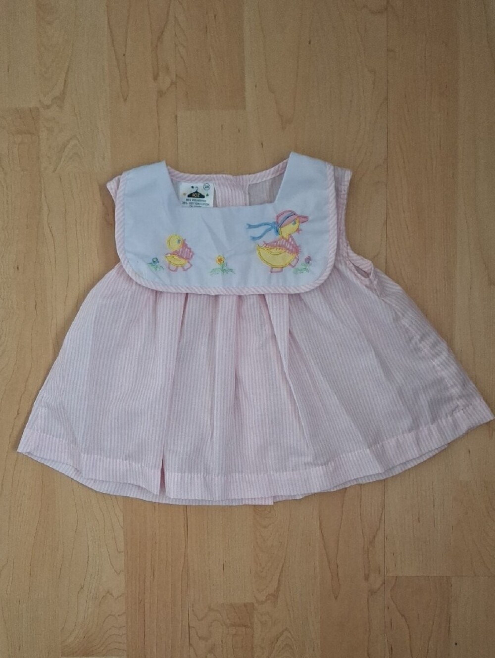 Vintage Pink Seersucker Striped Baby Dress with White Embroidered Duck Applique